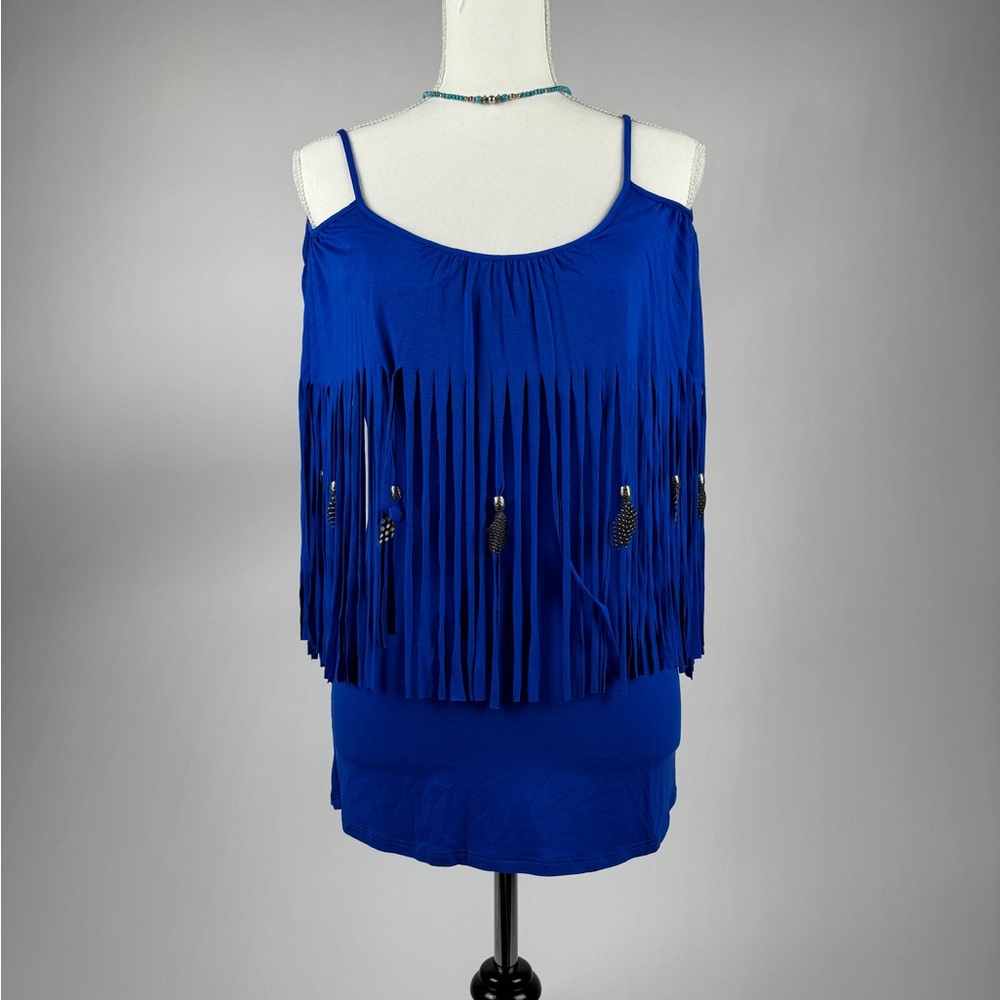 NEW Open Shoulder Fringe Top Royal Blue with Beads & Feathers Size L